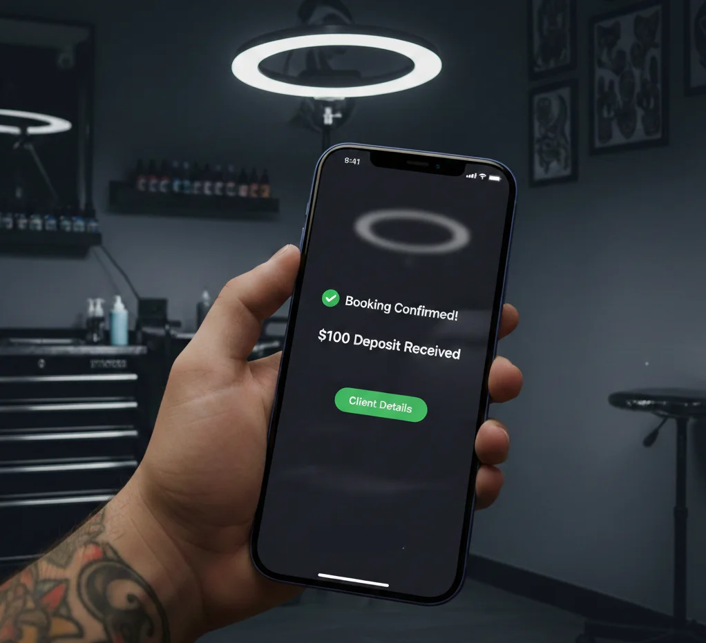 Phone showing booking confirmed and deposit received