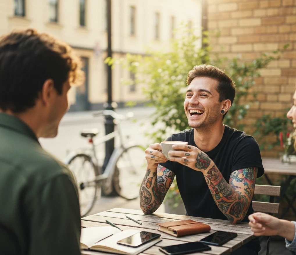 Friends enjoying coffee and conversation outdoors